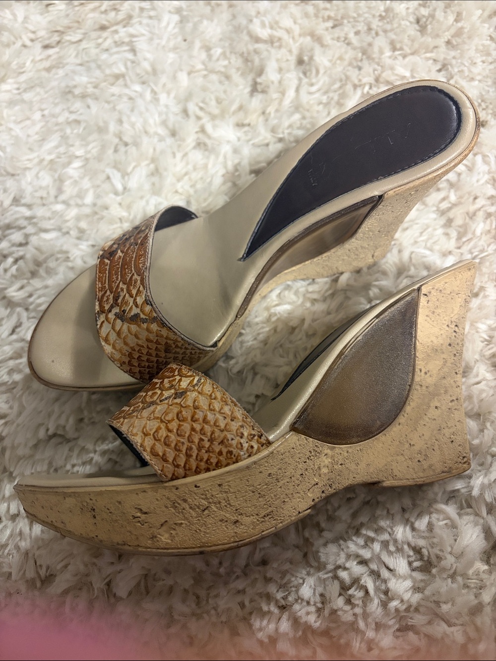 Aldo Camel Snakeskin-Pattern Wedge Slides